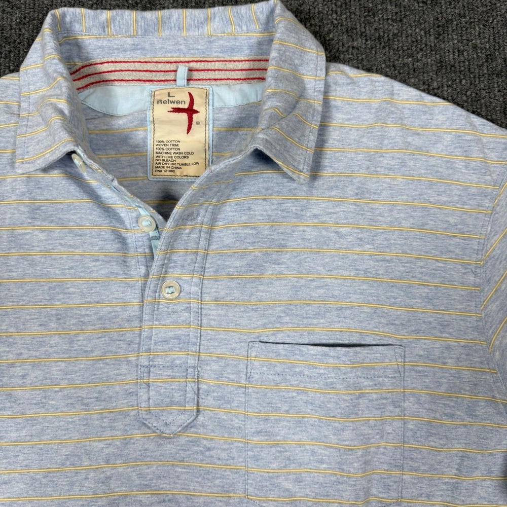 Relwen Mens Size Large Blue Yellow Striped Cotton Short Sleeve Polo Shirt